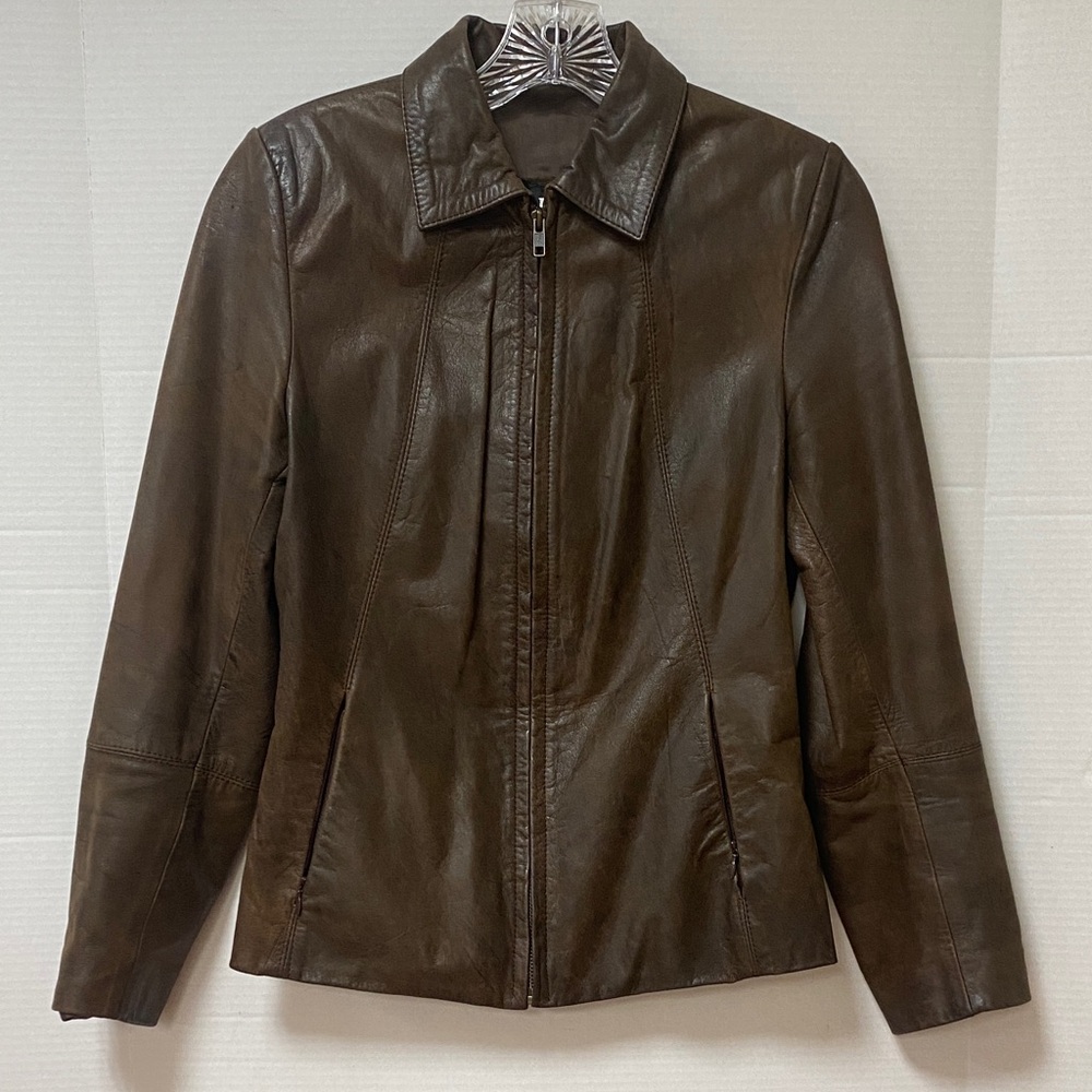 Chic Brown Leather Jacket, Zip-Up, by Laffon of Argentina, Size Medium/Small